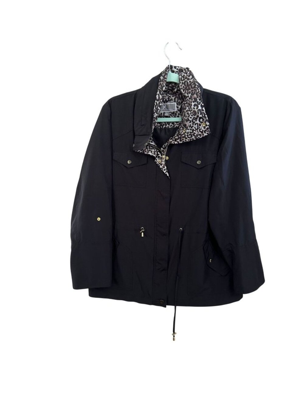 JM Collection Womens M Black Jacket Leopard Trim Full Zip Drawstring Lightweight